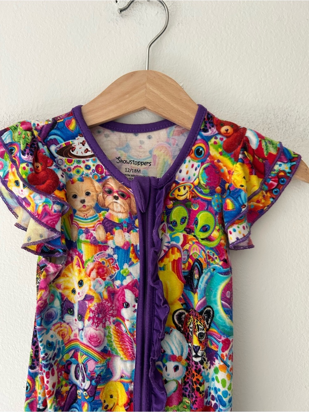 Showstoppers 12-18M Lisa Frank Bamboo Blend Zippy Romper Flutter Sleeve - Picture 3 of 6